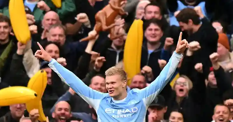 Haaland’s goals, fans’ bananas help Man City to seventh Premier League win